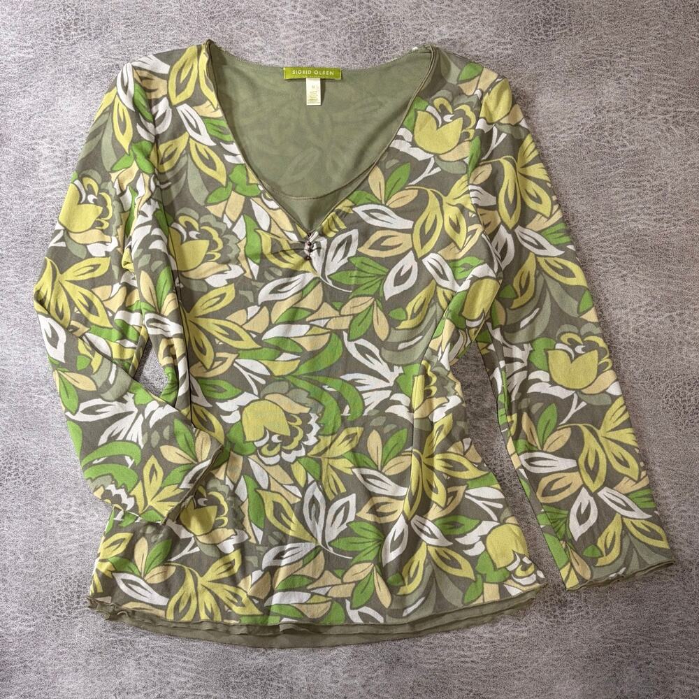 Green Abstract Floral Long Sleeve Blouse